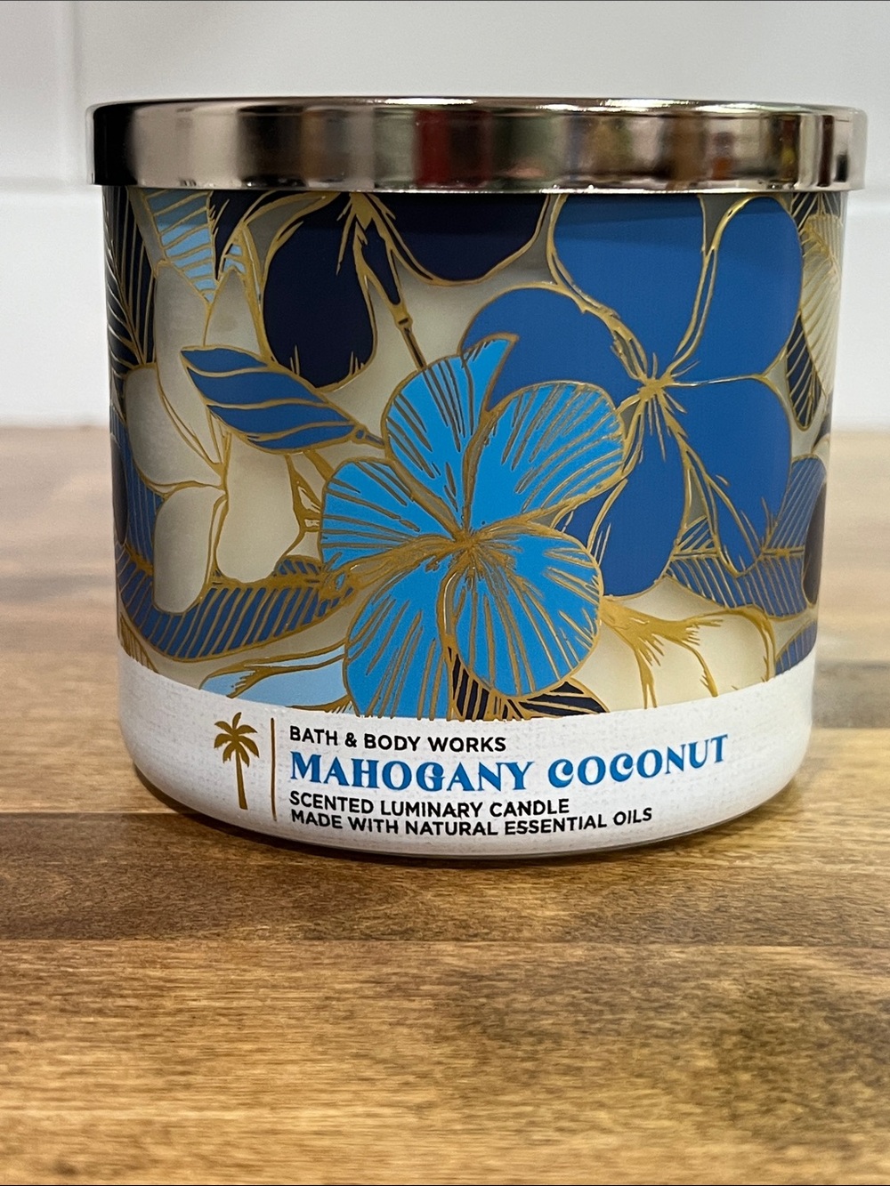 Bath & Body Works Blue and Gold Floral Mahogany Coconut Candle